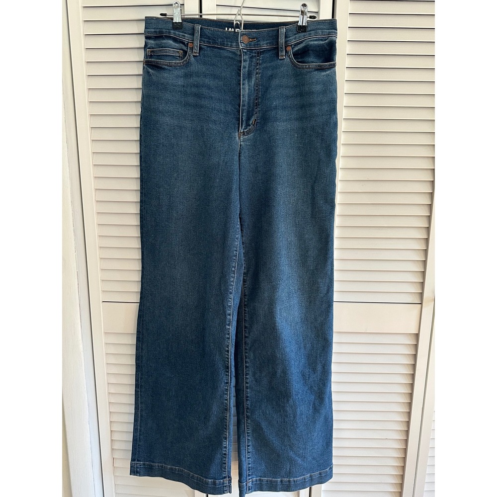 Lands End Womens 12 Tall Wide Leg High Rise Blue Jeans Dark Wash Stretch Denim